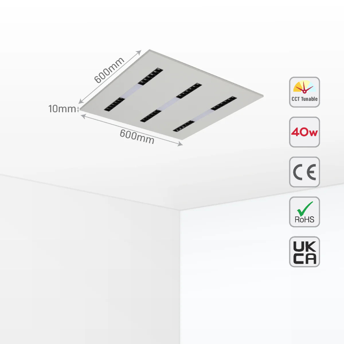 Size and certifications of LuminEssence OfficePro Anti Glare Laser and Opal LED Panel Light 40W 4000lm Low UGR 600x600 3CCT 165-015061