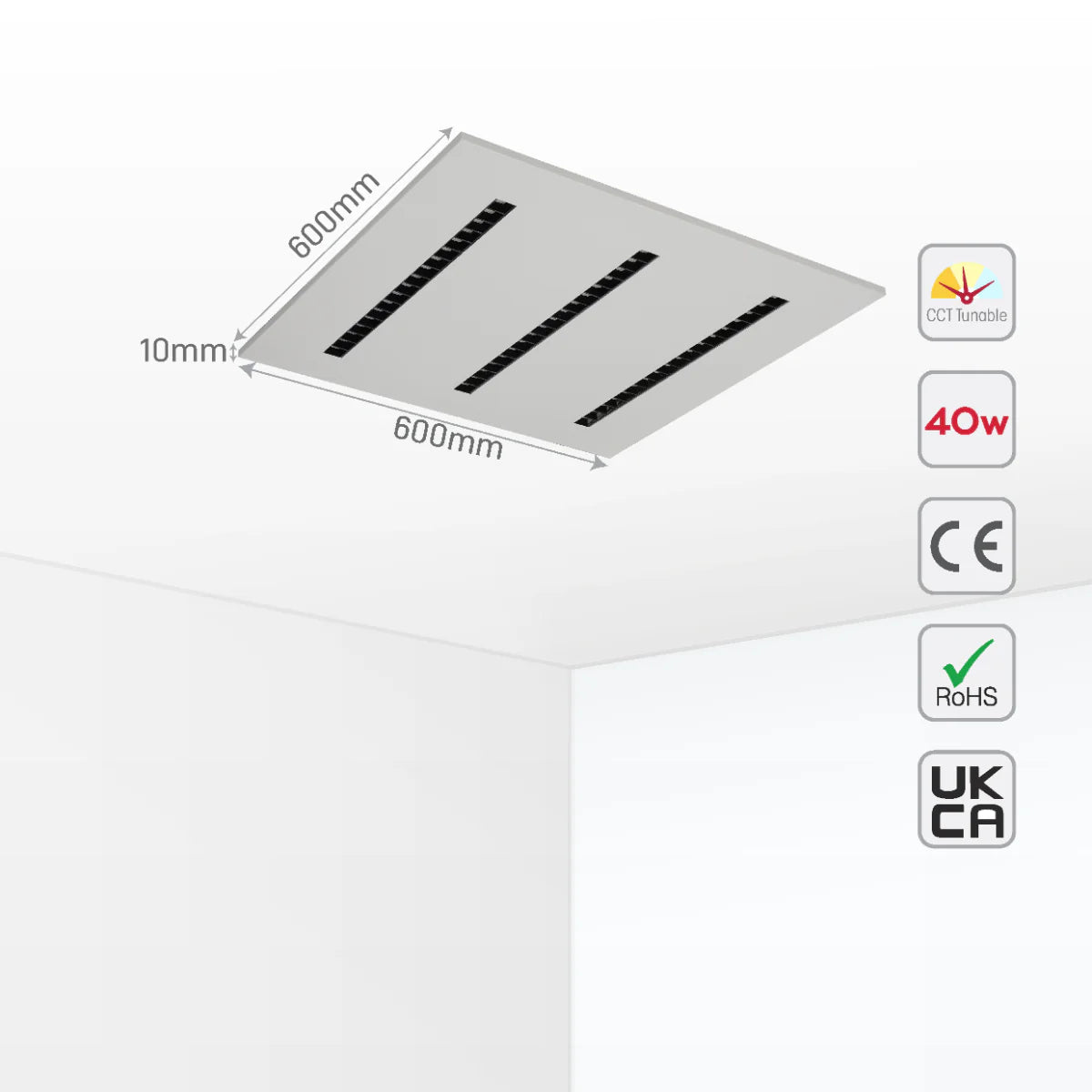 Size and certifications of LuminEssence OfficePro Anti Glare Laser LED Panel Light 40W 4000lm Low UGR 600x600 3CCT 165-015059