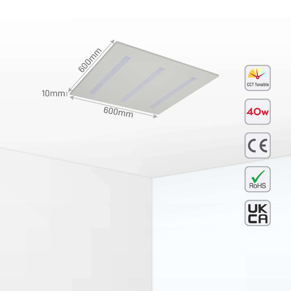 Size and certifications of LuminEssence OfficePro LED Panel Light 40W 4000lm 600x600 3CCT 165-015058