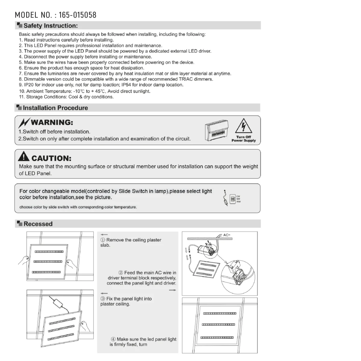 Technical specs of LuminEssence OfficePro LED Panel Light 40W 4000lm 600x600 3CCT 165-015058