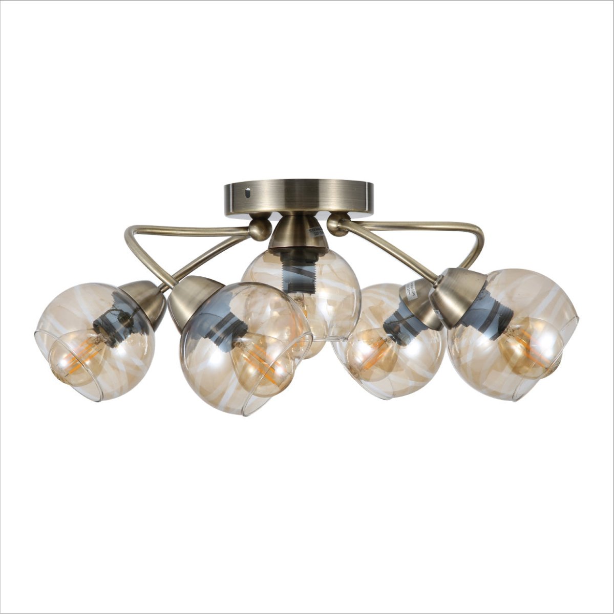 Main image of Antique Brass Amber Glass Semi Flush Ceiling Light with 5xE14 Fitting | TEKLED 159-17285