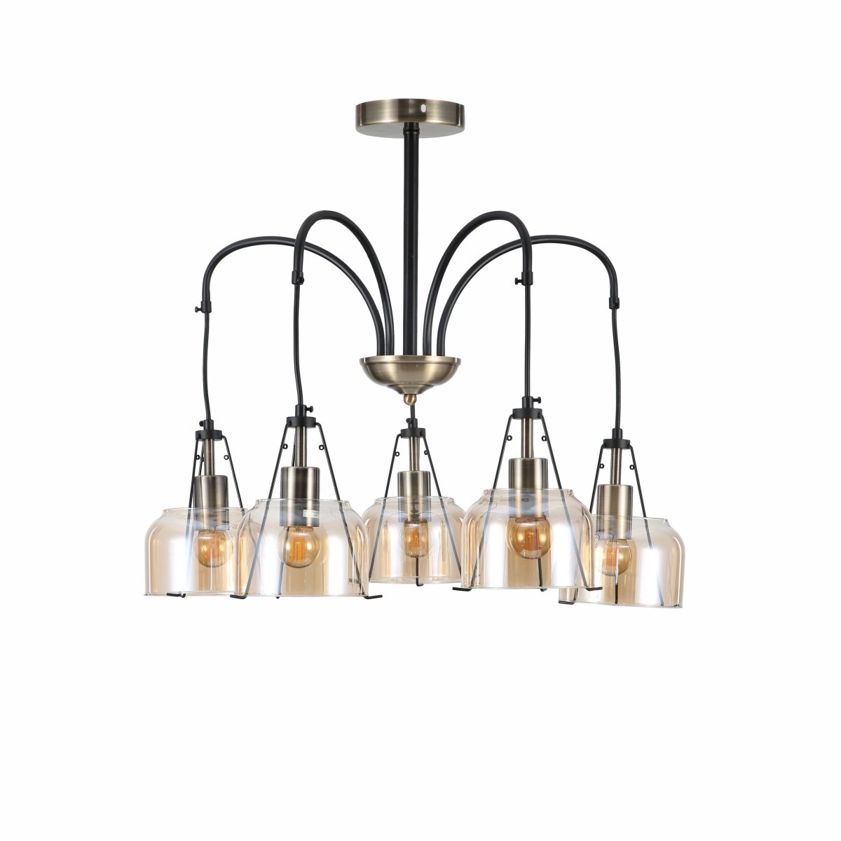 Amber Glass Black And Antique Brass Suspended Ceiling Light 5Xe27's main image.