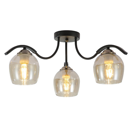 Amber glass black semi-flush ceiling light with 3xe27 main