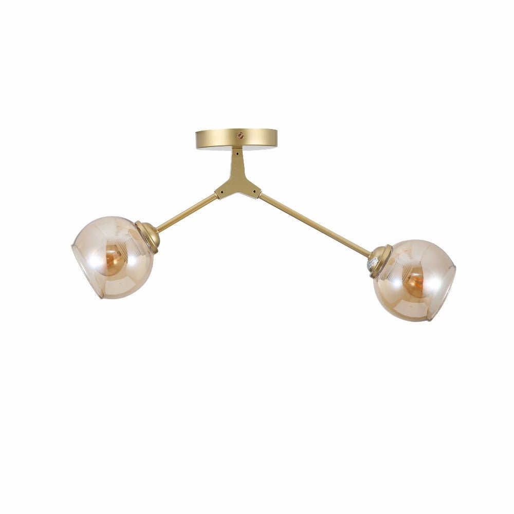 Amber Glass Dome Gold Aluminium Bronze Wishbone Semi Flush Ceiling Light 2Xe27's main image.