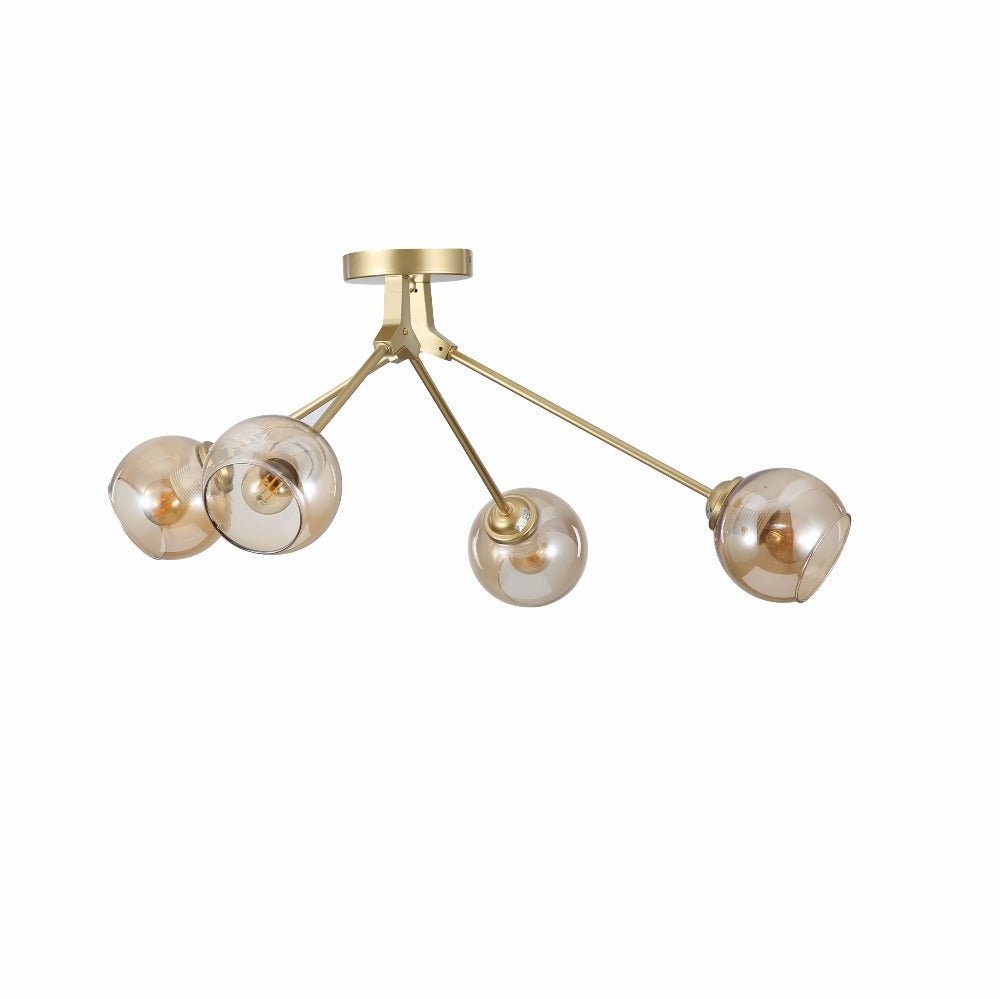 Amber Glass Dome Gold Aluminium Bronze Wishbone Semi Flush Ceiling Light 4Xe27's main image.