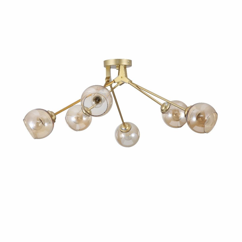 Amber Glass Dome Gold Aluminium Bronze Wishbone Semi Flush Ceiling Light 6Xe27's main image.