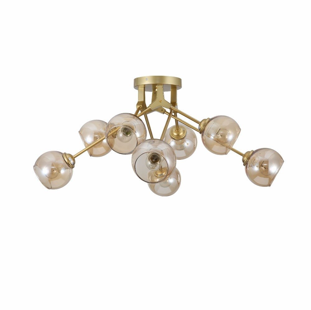 Amber Glass Dome Gold Aluminium Bronze Wishbone Semi Flush Ceiling Light 8Xe27's main image.