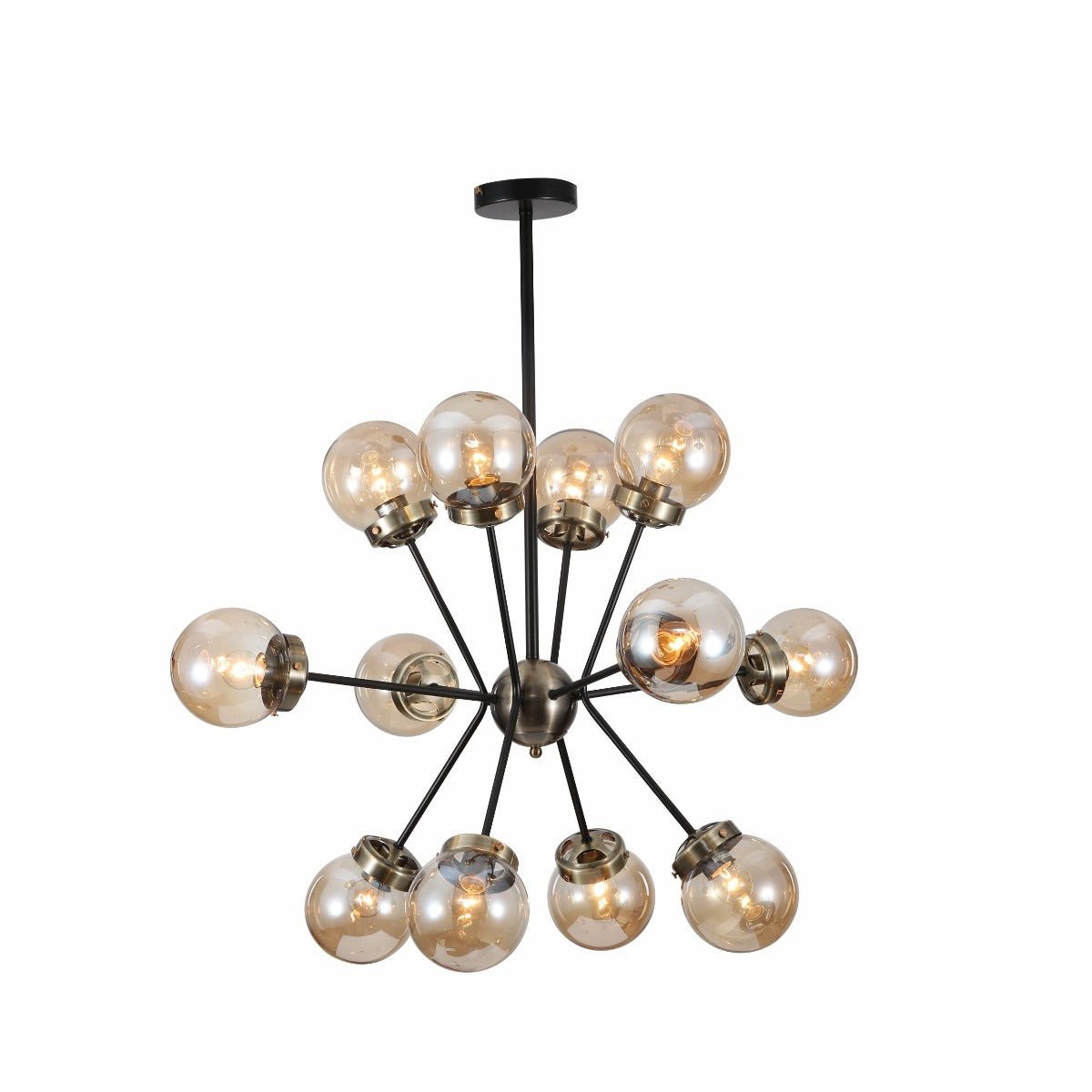 Amber Glass Globe Black And Antique Brass Semi Flush Ceiling Light 12Xe27's main image.