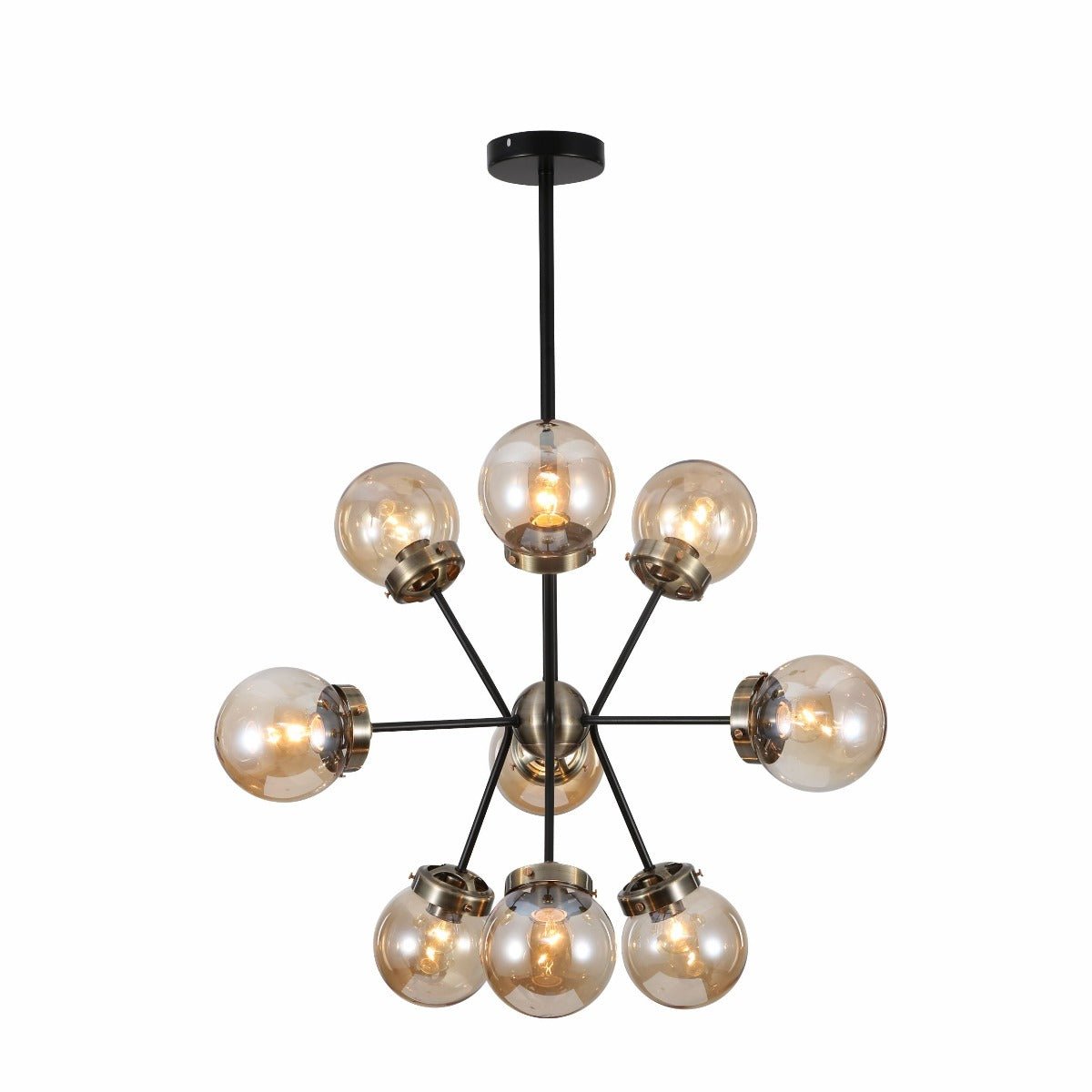 Amber Glass Globe Black And Antique Brass Semi Flush Ceiling Light 9Xe27's main image.