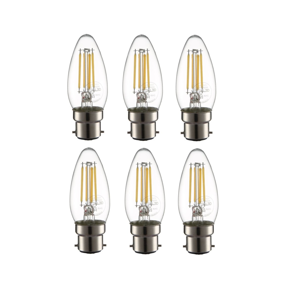 Main image of LED Filament Bulb C35 Candle B22 Bayonet Cap 4W 470lm Cool White 4000K Clear Pack of 6 | TEKLED 583-150604