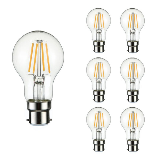 Close up of led filament gls bulb a60 b22 bayonet cap 4w 400lm warm white 2700k clear pack of 6