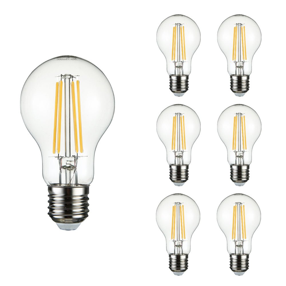 Close up of led filament gls bulb a60 e27 bayonet cap 6w 600lm warm white 2700k clear pack of 6