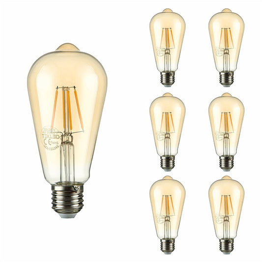 Close up of led filament bulb edison st64 e27 edison screw 4w 400lm warm white 2500k amber pack of 6