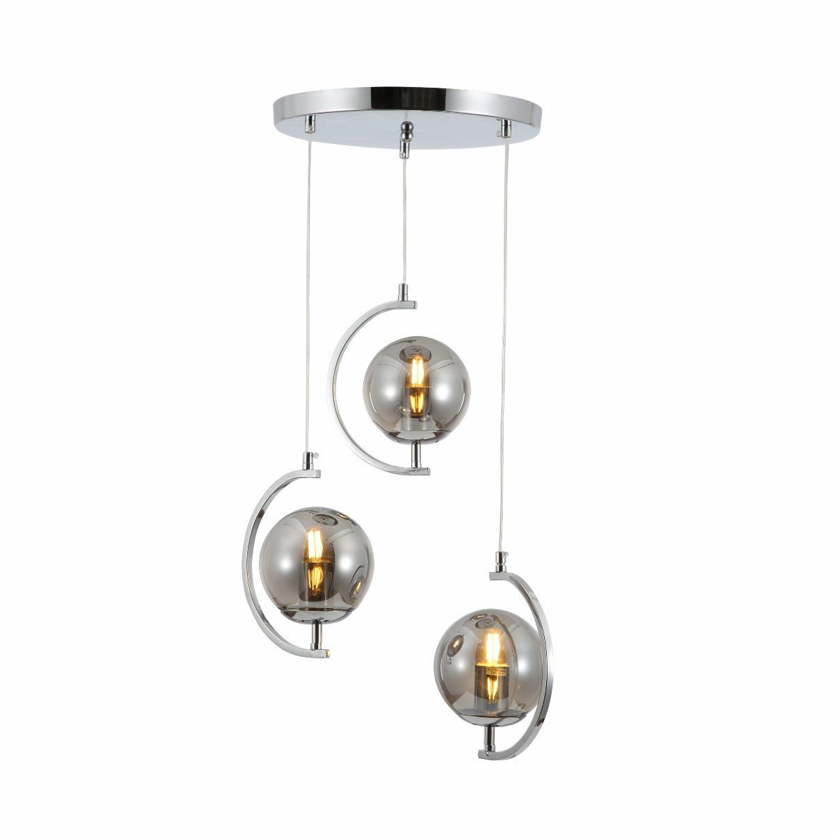 Main image of Smoky Globe Glass Crescent Chrome Metal Modern Ceiling Pendant Light 3xE27 | TEKLED 159-17802