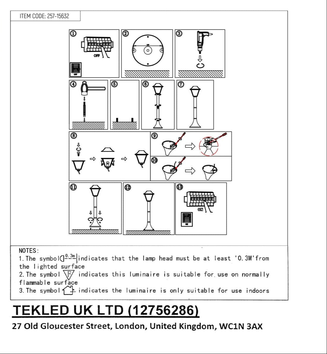 User manual for Bollard Lawn Lamp 1M Pole Matt Black Clear Glass E27