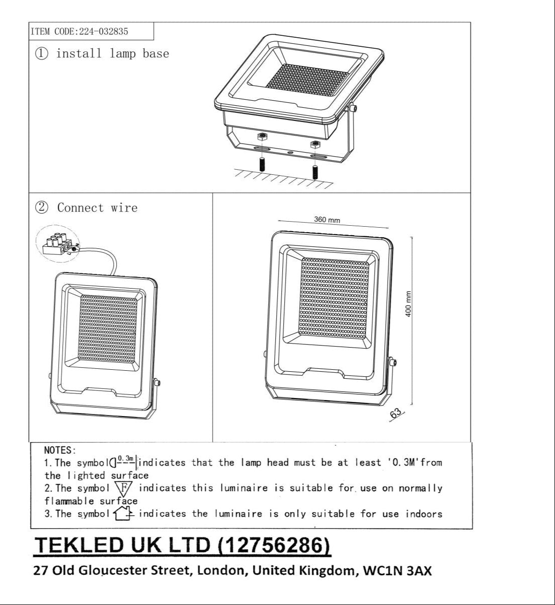 User manual for LED Floodlight SMD 3030 Uk 200W Cool White 4000K IP65