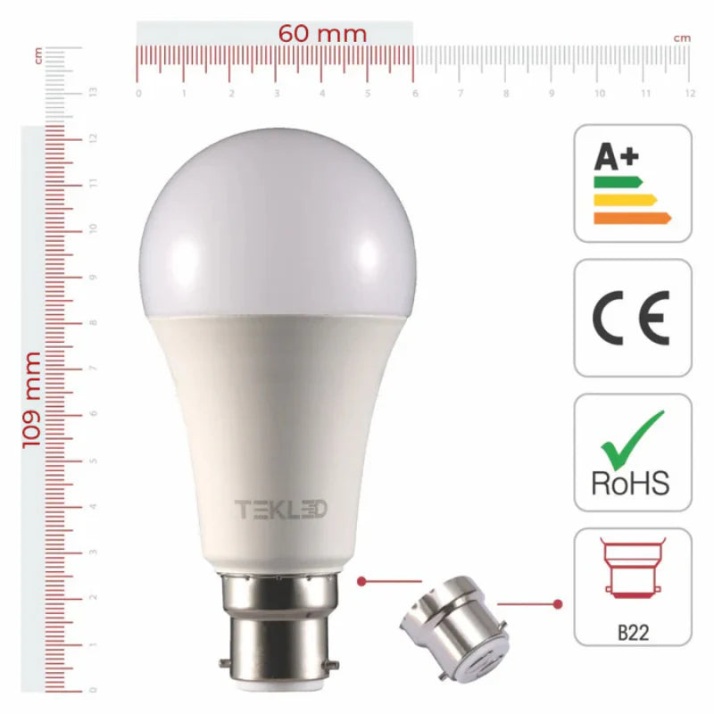 Visual representation of product measurement and certification of leo led gls bulb a60 dimmable b22 bayonet cap 12w 4000k cool white pack of 2 or 4