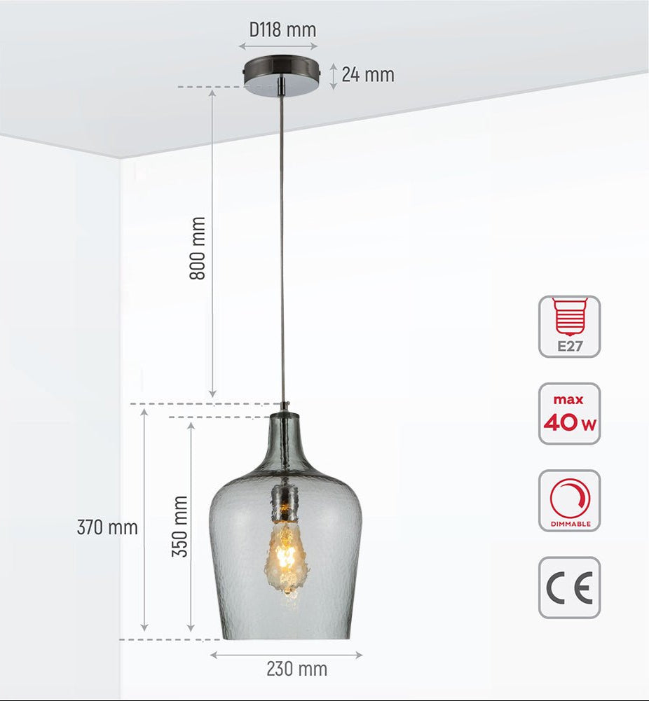 Product dimensions of clear frosted glass schoolhouse pendant light l with e27 fitting