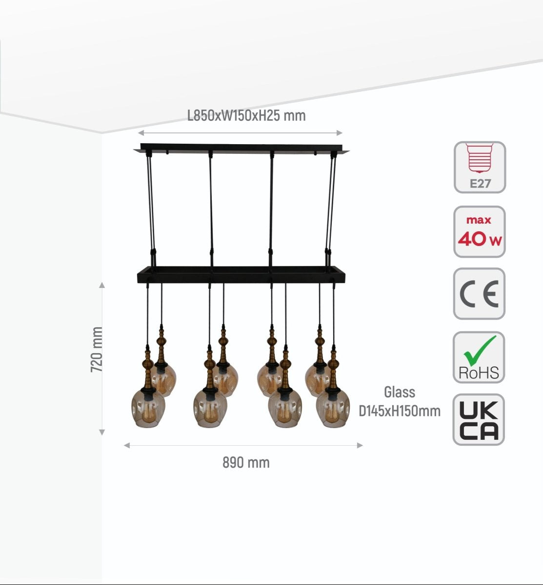 Size and specs of Amber Cone Glass Black Metal Island Chandelier with 8xE27 Fitting | TEKLED 158-19582