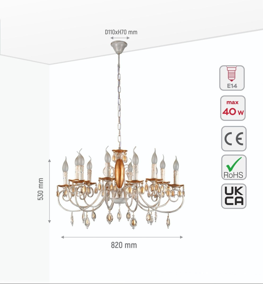 Size and specs of Amber Crystal Gold and White Metal 12 Arm Chandelier with E14 Fitting | TEKLED 158-19445