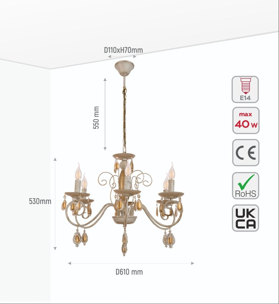 Size and specs of Amber Crystal Gold and White Metal 6 Arm Chandelier with E14 Fitting | TEKLED 158-19443