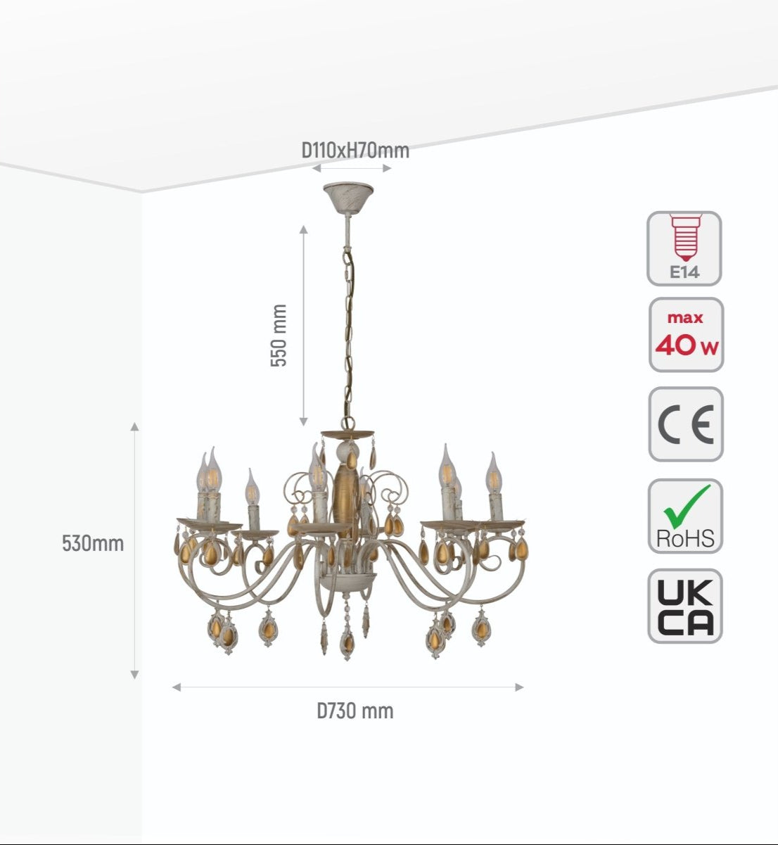 Size and specs of Amber Crystal Gold and White Metal 8 Arm Chandelier with E14 Fitting | TEKLED 158-19444