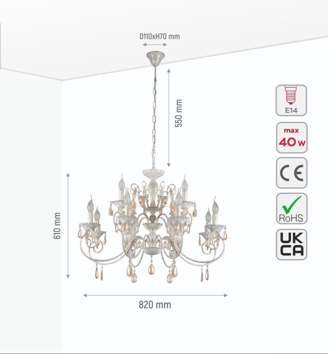 Size and specs of Amber Crystals Rice White with Gold Brushed Metal 12 Arm Chandelier with E14 Fitting | TEKLED 158-17854