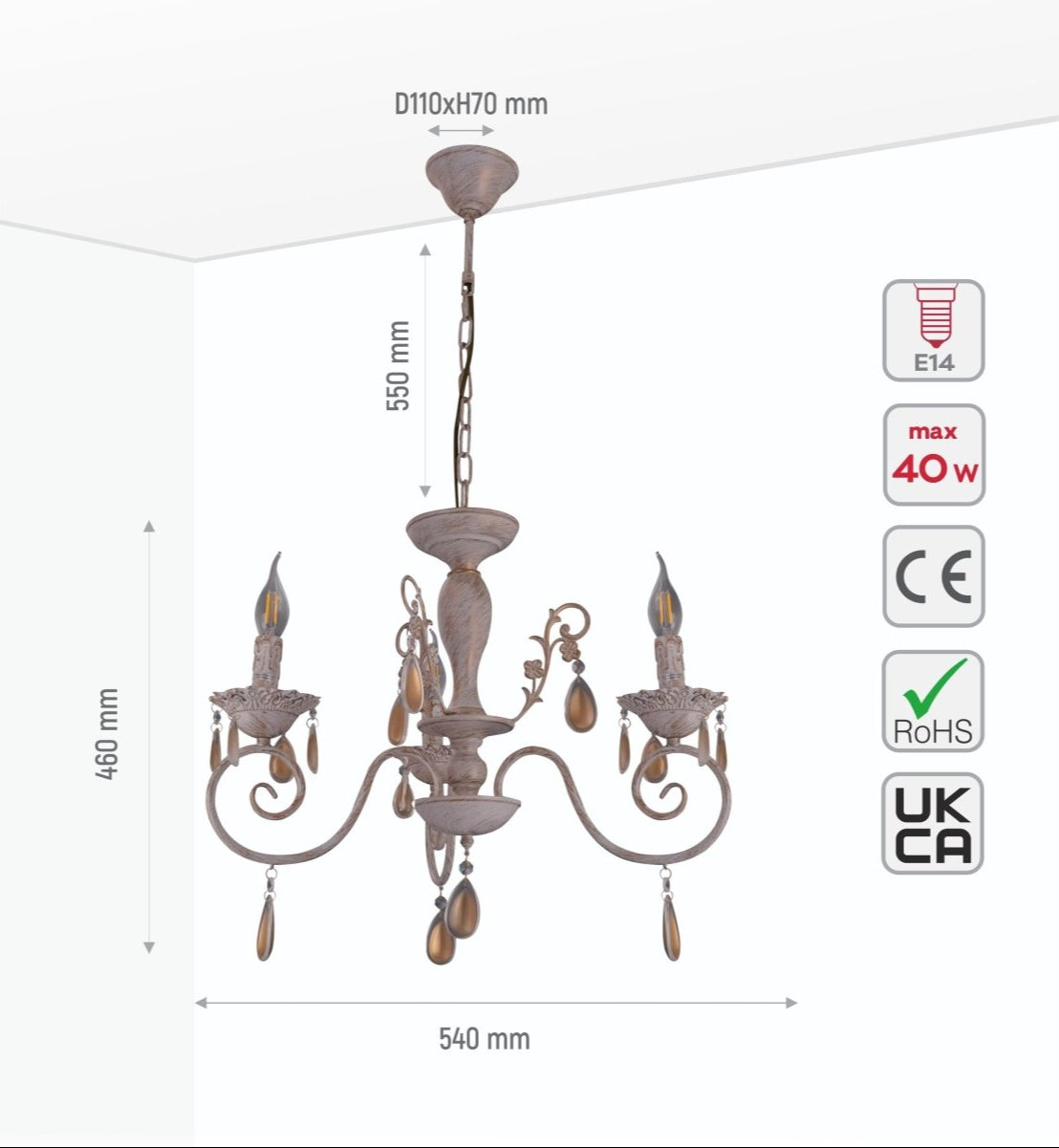 Size and specs of Amber Crystals Rice White with Gold Brushed Metal 3 Arm Chandelier with E14 Fitting | TEKLED 158-17848