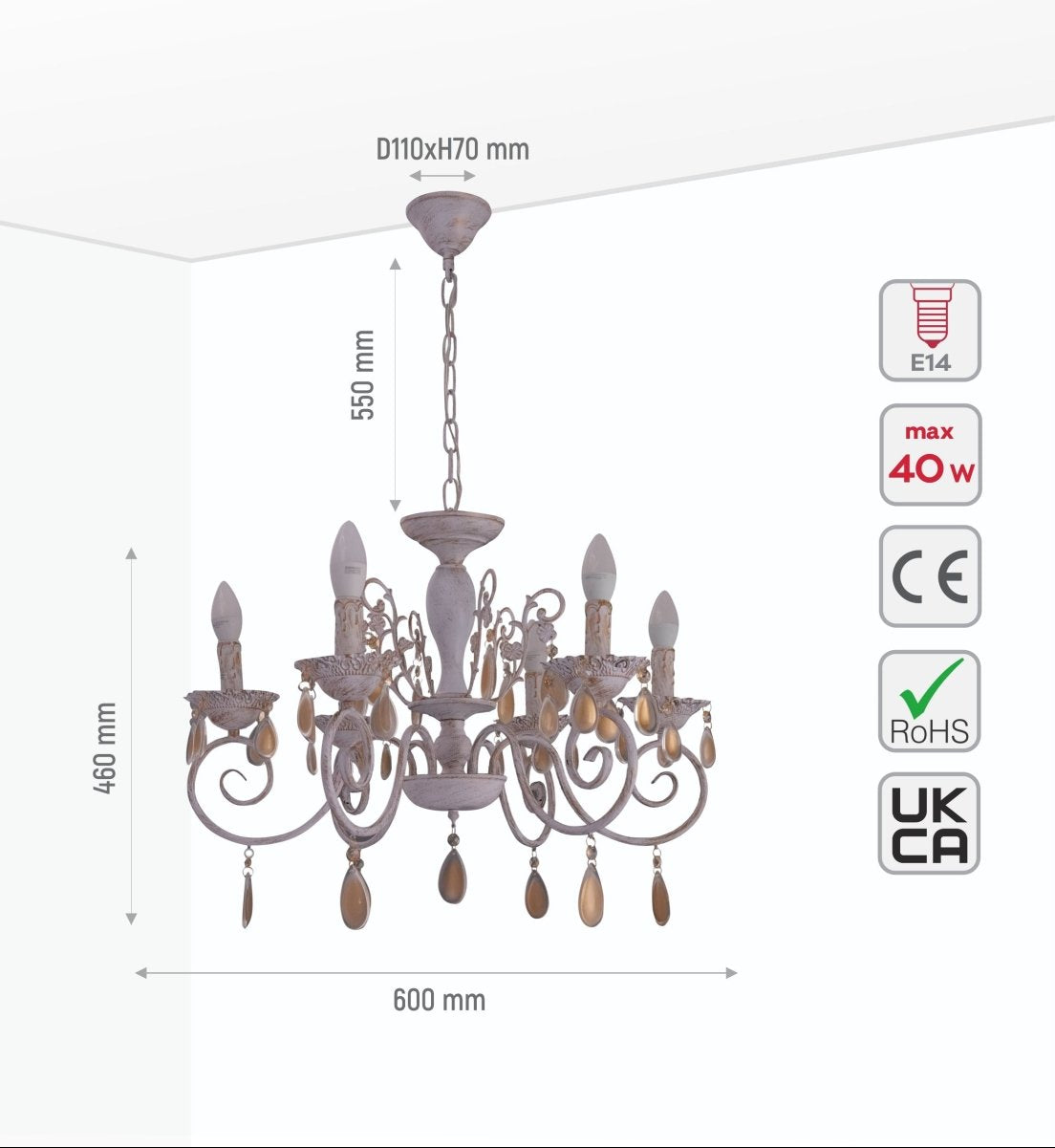 Size and specs of Amber Crystals Rice White with Gold Brushed Metal 6 Arm Chandelier with E14 Fitting | TEKLED 158-17850