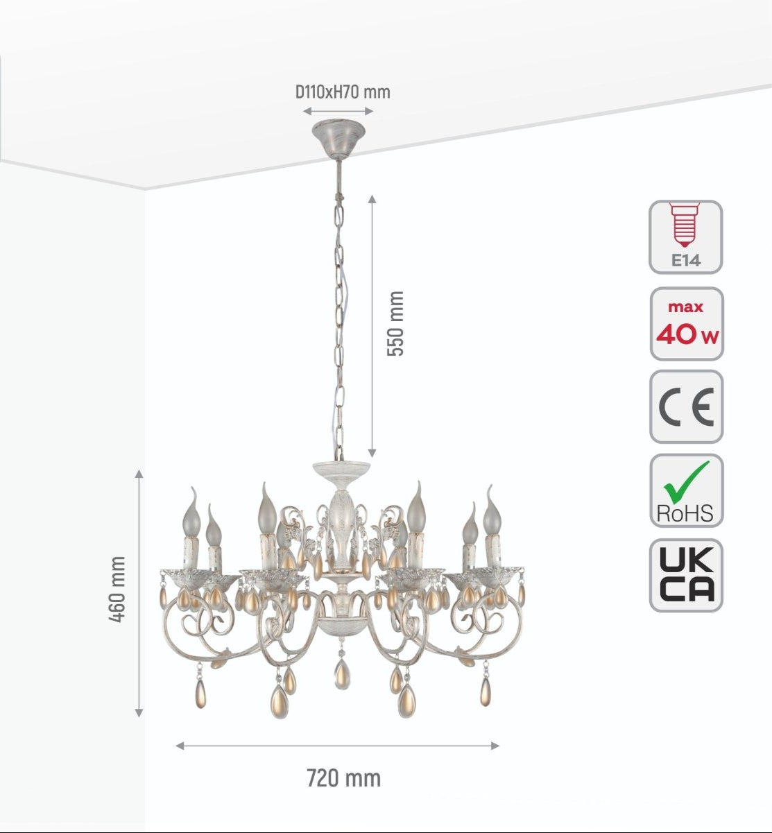 Size and specs of Amber Crystals Rice White with Gold Brushed Metal 8 Arm Chandelier with E14 Fitting | TEKLED 158-17852