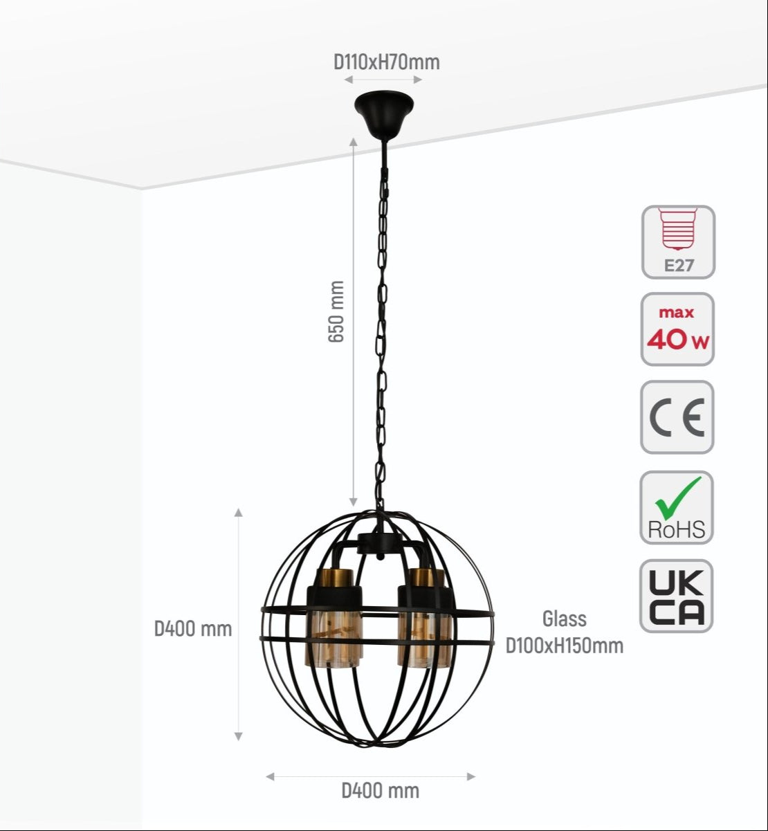 Size and specs of Amber Cylinder Glass Black Cage Metal Chandelier with 4xE27 Fitting | TEKLED 158-19572