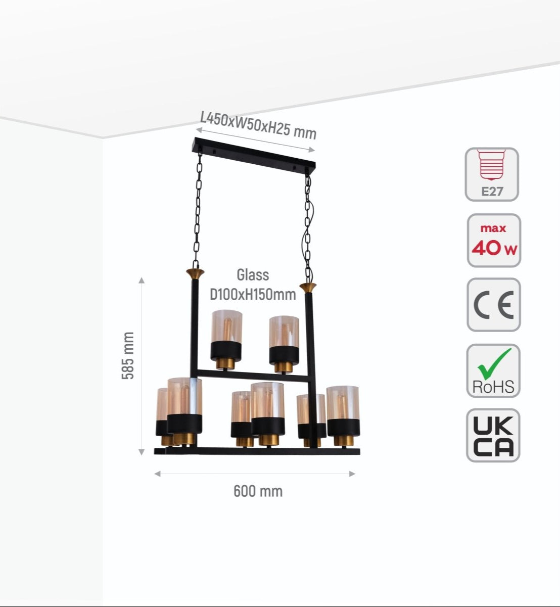 Size and specs of Amber Cylinder Glass Black Metal Chandelier with 8xE27 Fitting | TEKLED 158-19586