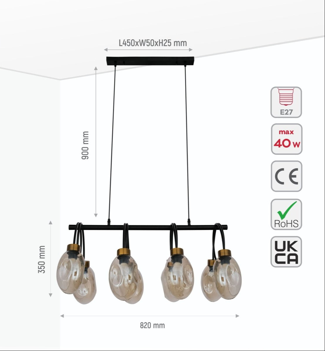 Size and specs of Amber Glass Black Metal Island Chandelier with 8xE27 Fitting | TEKLED 158-19574