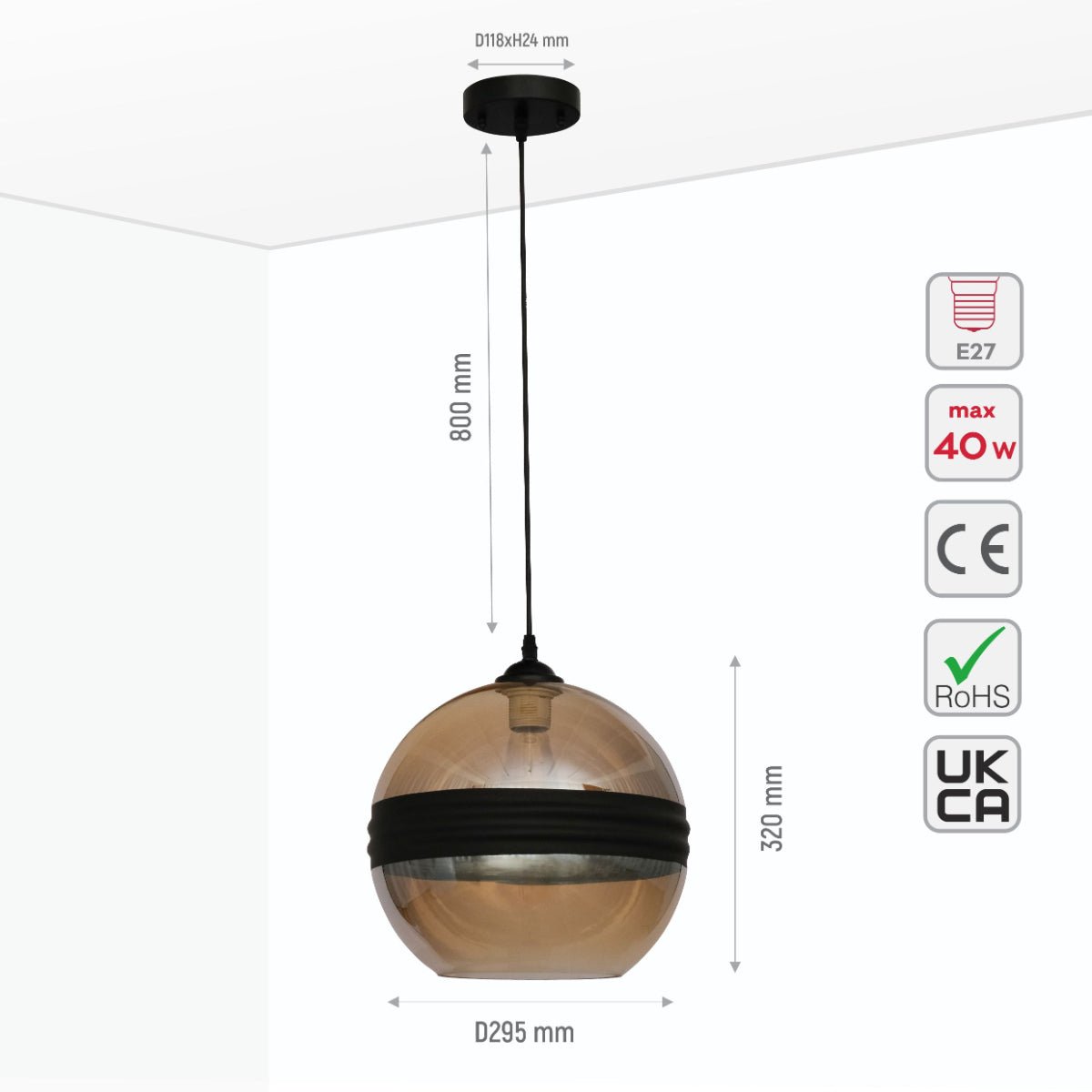 Size and specs of Amber Glass Black Stripe Globe Pendant Ceiling Light with E27 | TEKLED 150-18078