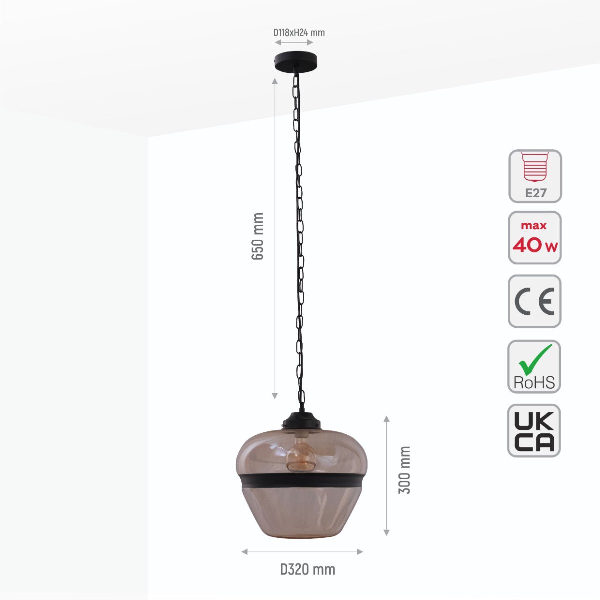 Size and specs of Amber Glass Black Stripe Schoolhouse Pendant Ceiling Light with E27 | TEKLED 150-17796