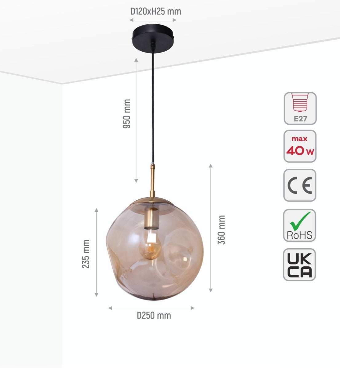 Size and specs of Amber Glass Crater Pendant Light with E27 Fitting | TEKLED 159-17342