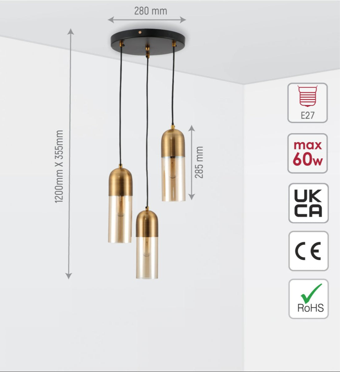 Size and specs of Amber Glass Gold Aluminium Bronze Plated Top Cylinder Pendant Light with 3xE27 Fitting | TEKLED 159-17299