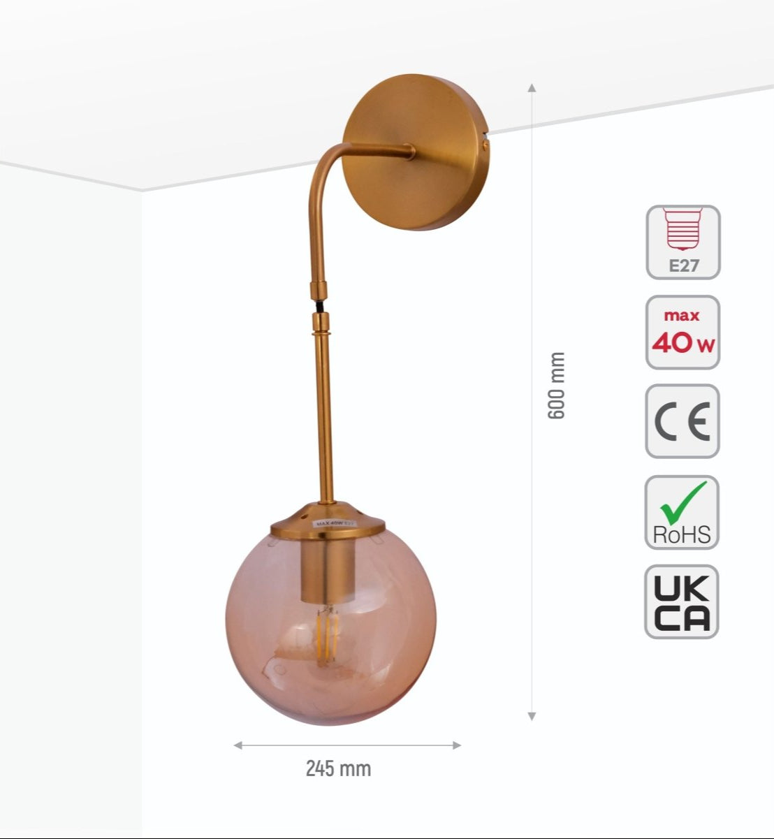 Size and specs of Amber Glass Gold Metal Pendant Wall Light with E27 Fitting | TEKLED 151-19730