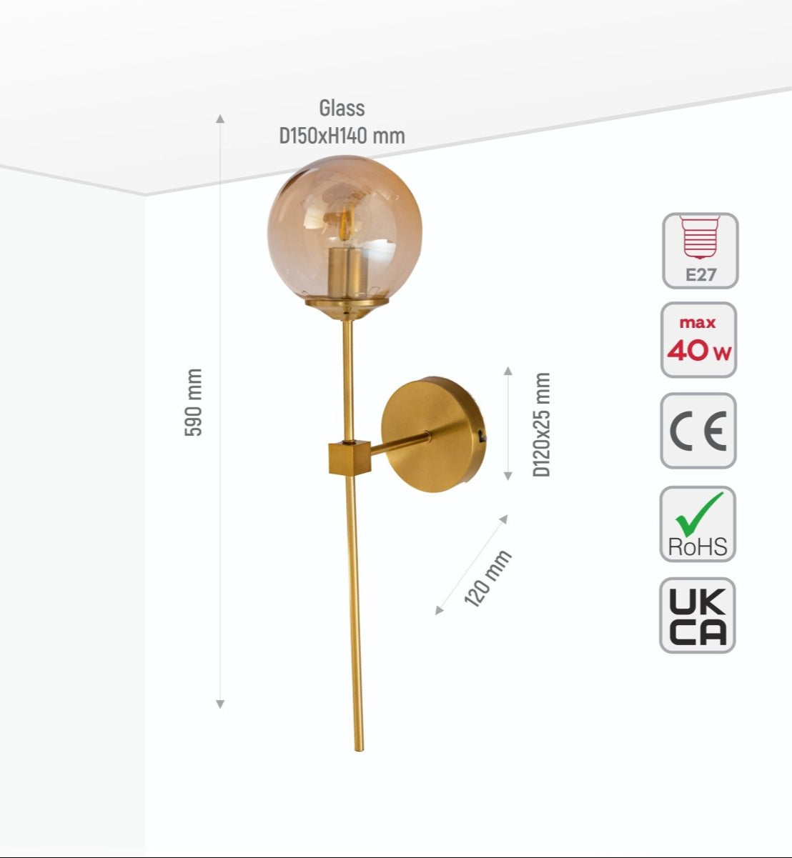 Size and specs of Amber Glass Gold Metal Wall Light L with E27 Fitting | TEKLED 151-19728