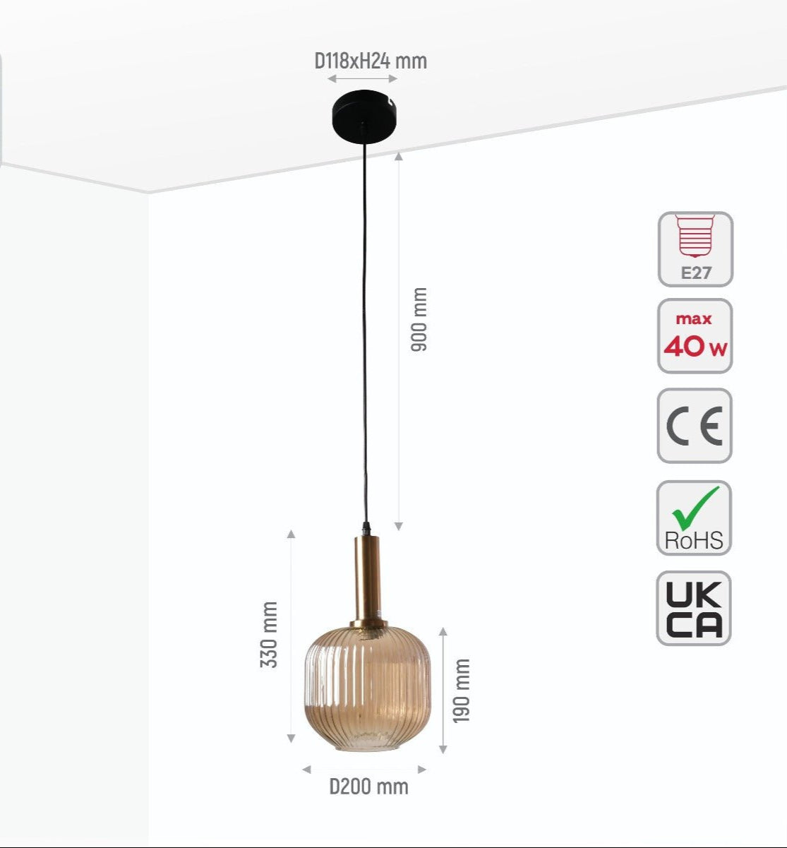 Size and specs of Amber Glass M Pendant Light with E27 Fitting | TEKLED 158-19602