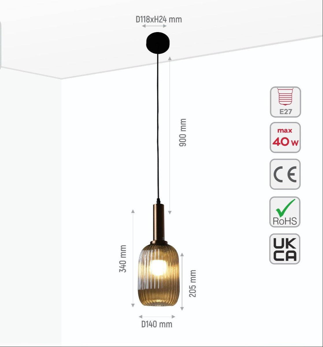 Size and specs of Amber Glass S Pendant Light with E27 Fitting | TEKLED 158-19600