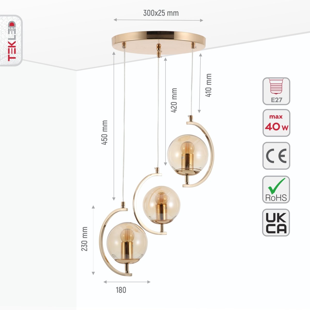 Size and specs of Amber Globe Glass Crescent Gold Metal Modern Ceiling Pendant Light 3xE27 | TEKLED 159-17796