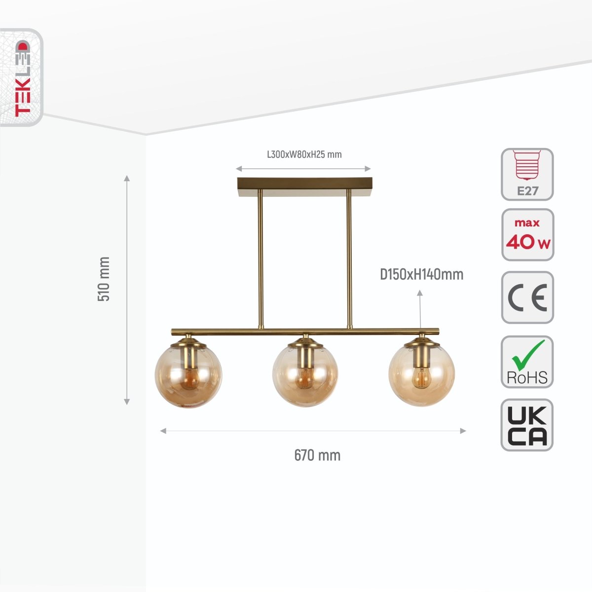 Size and specs of Amber Globe Glass Gold Metal Body Ceiling Light with 3xE27 Fitting | TEKLED 159-17578