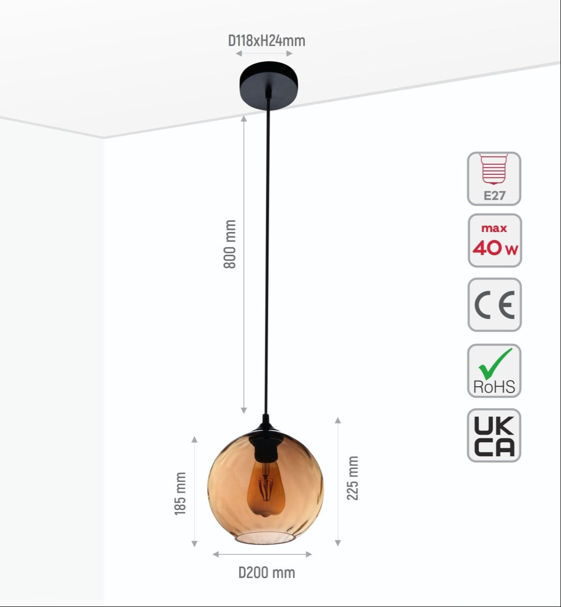 Size and specs of Amber Gold Glass Pendant Light D200 with E27 Fitting | TEKLED 158-196640