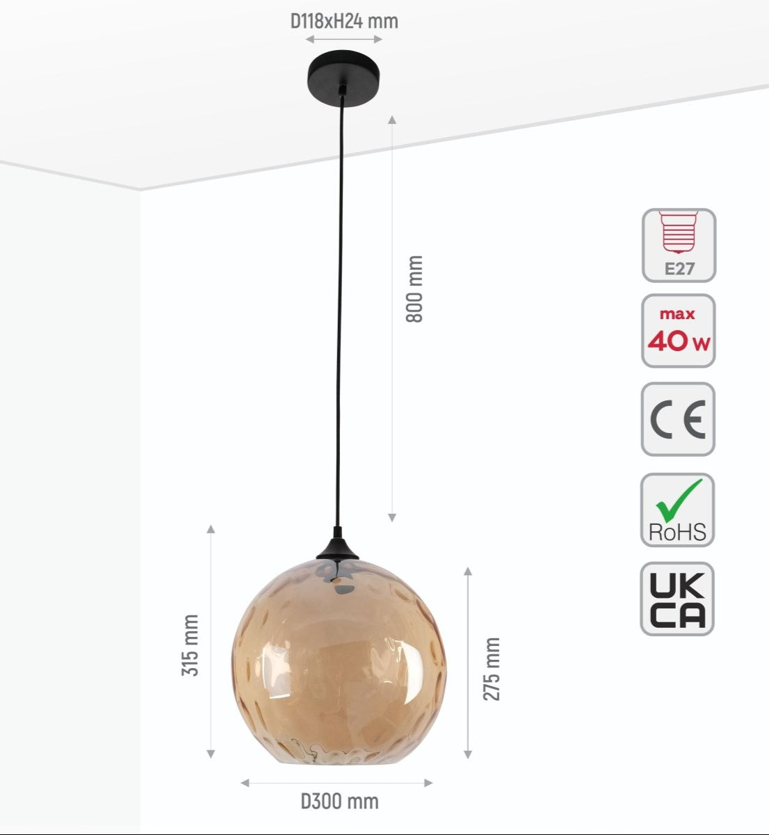 Size and specs of Amber Gold Glass Pendant Light D300 with E27 Fitting | TEKLED 158-196680