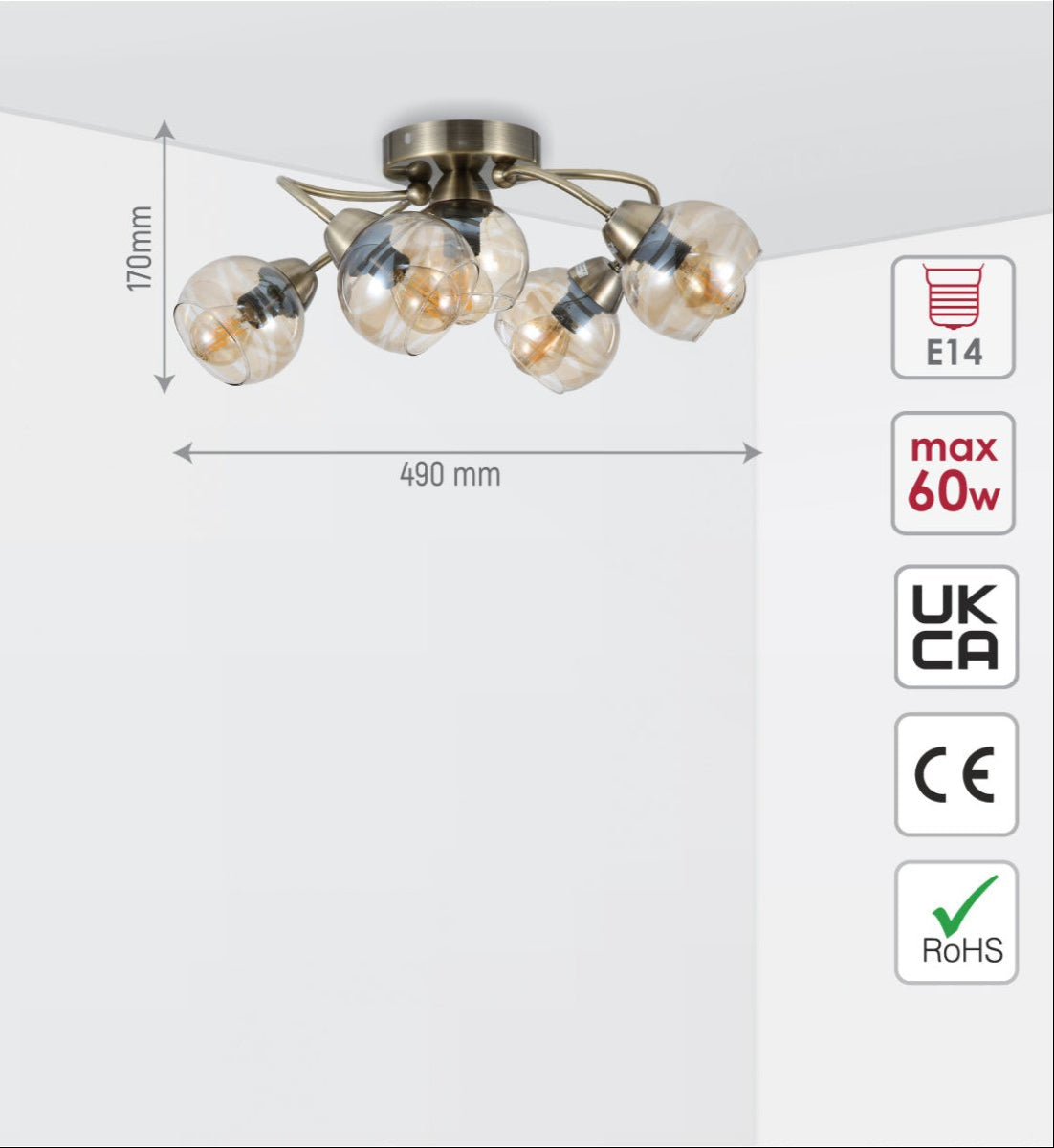 Size and specs of Antique Brass Amber Glass Semi Flush Ceiling Light with 5xE14 Fitting | TEKLED 159-17285