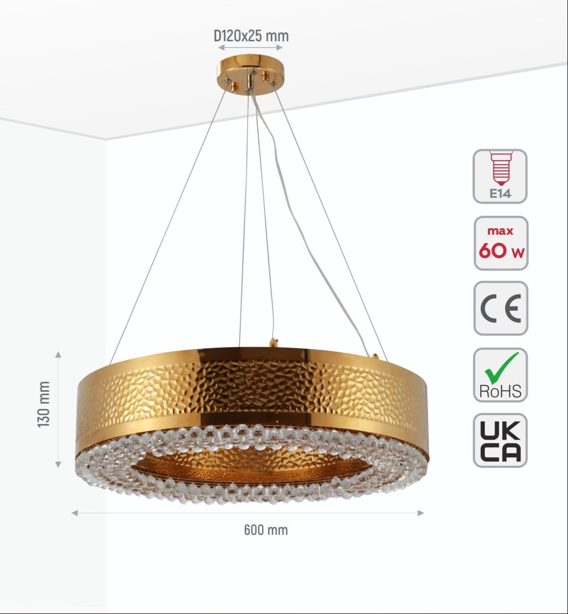 Size and specs of Ball Crystal Gold Metal Chandelier D600 with 8XE14 Fitting | TEKLED 156-19564