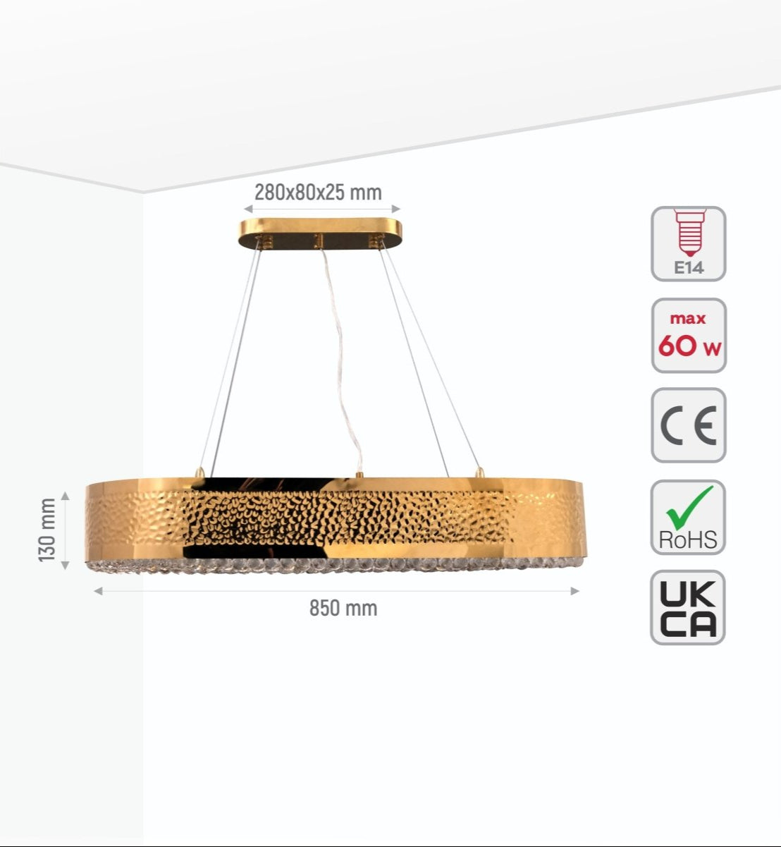 Size and specs of Ball Crystal Gold Metal Island Chandelier L850 with 10XE14 Fitting | TEKLED 156-19566