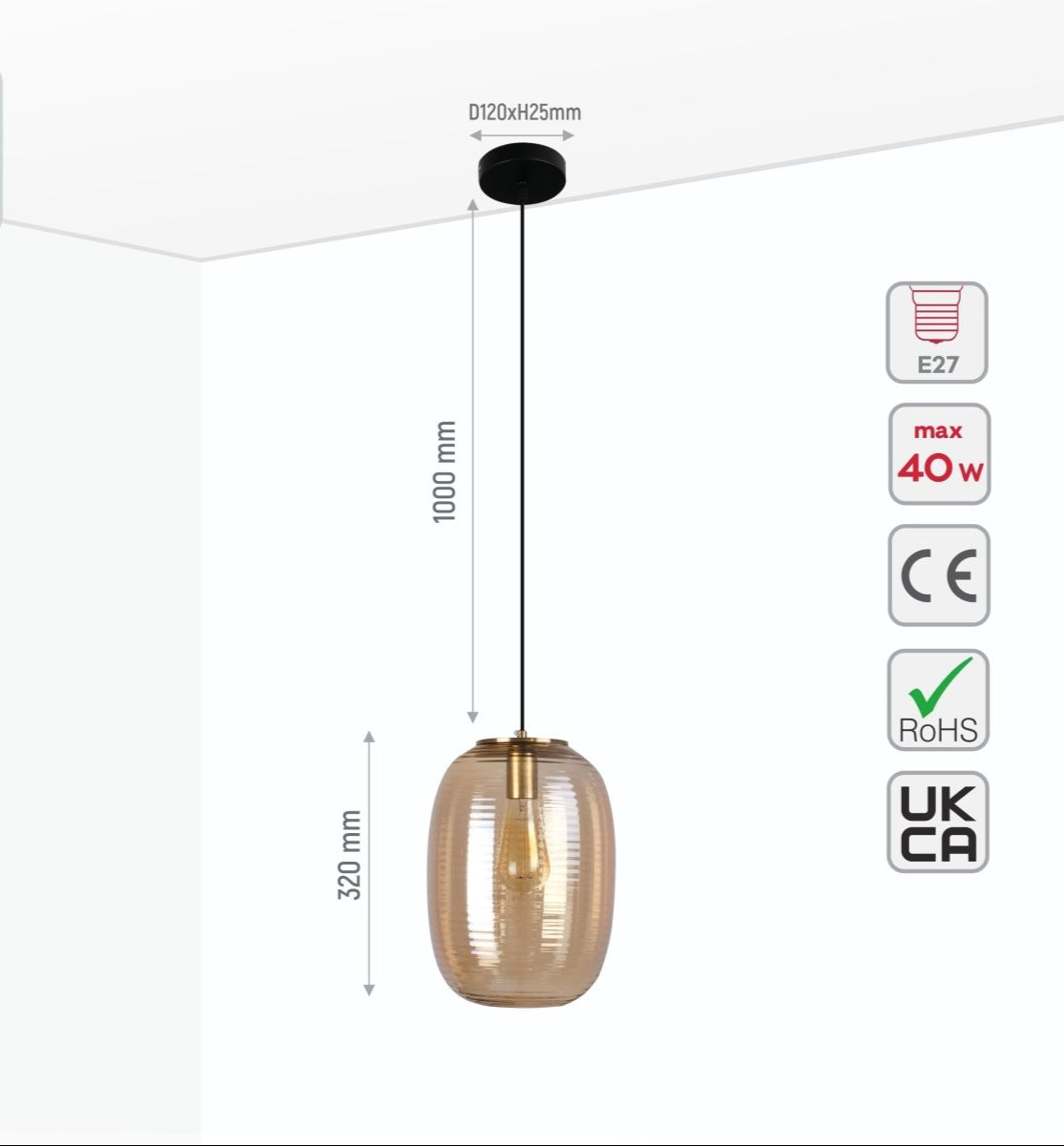 Size and specs of Bee Hive Amber Glass Pendant Light with E27 Fitting | TEKLED 159-17344