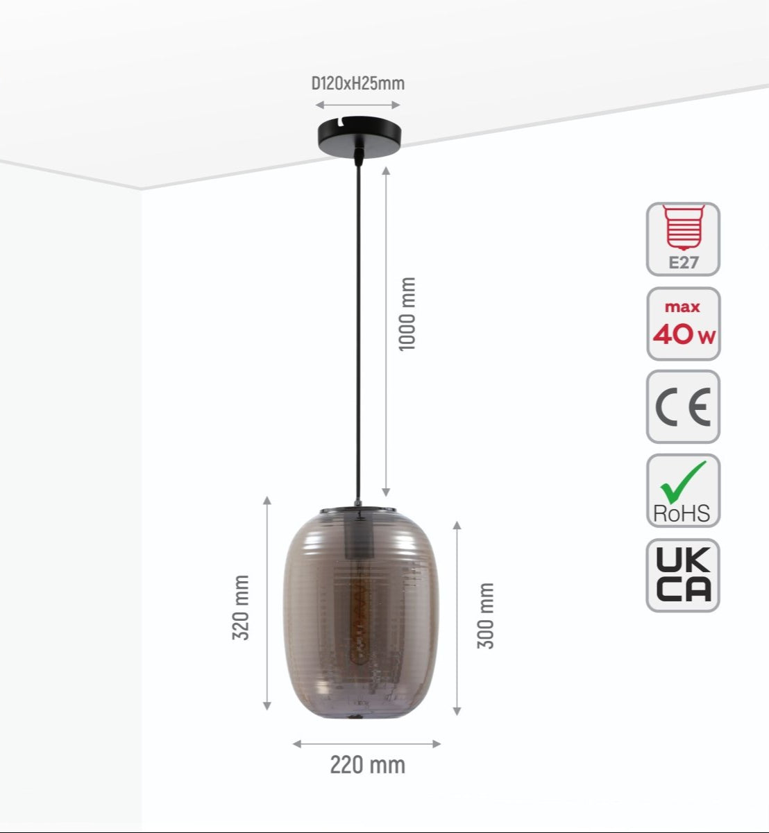 Size and specs of Bee Hive Smoky Glass Pendant Light with E27 Fitting | TEKLED 159-17346